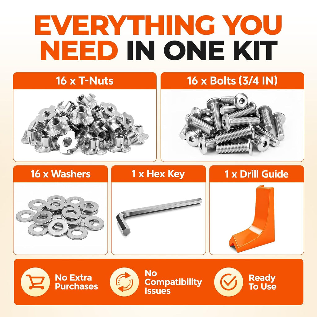 16 Sets 1/4-20 T Nuts & 3/4 in Bolts Kit, 304 Stainless Steel 4-Prong T Nut