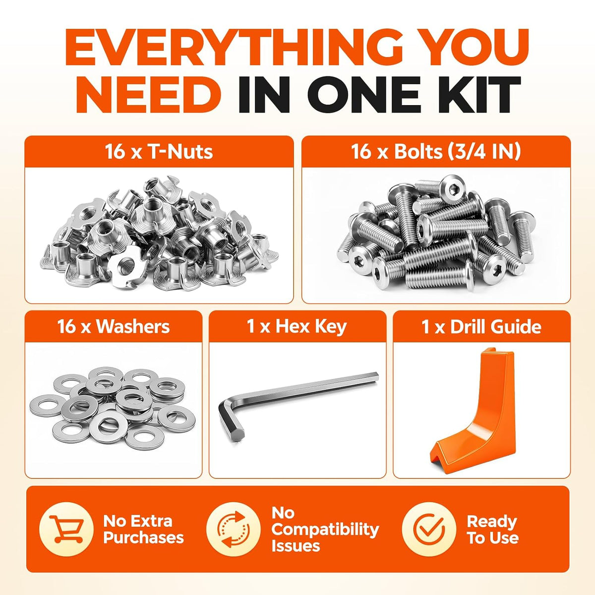 16 Sets 1/4-20 T Nuts & 3/4 in Bolts Kit, 304 Stainless Steel 4-Prong T Nut