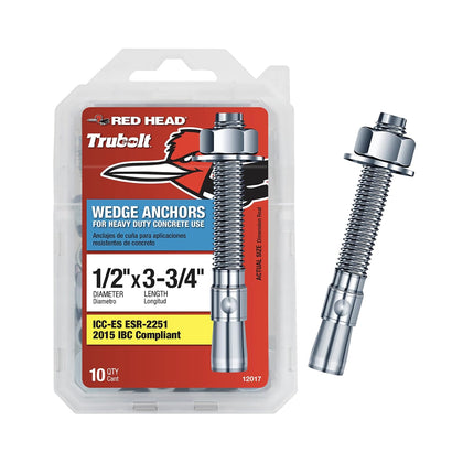 Red Head TruBolt 1/2 x 3-3/4" Heavy-Duty Wedge Concrete Anchors, 10 PCS