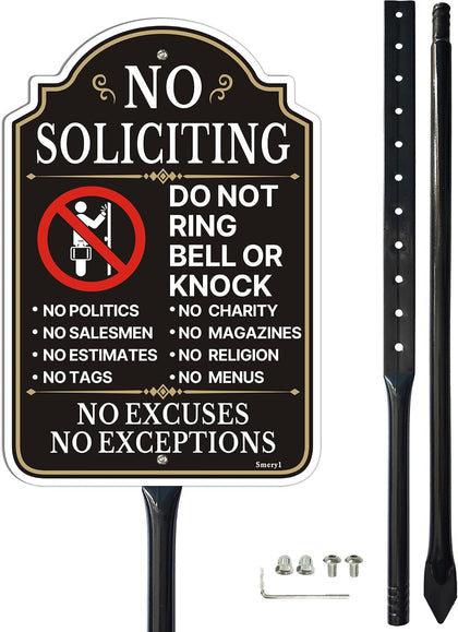 No Soliciting Do Not Ring Bell Or Knock Sign with 34.6" Stake | 12" x 8" No Soliciting Sign for House, Rust-Free