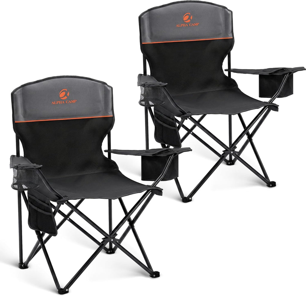 2-Pack Folding Camping Chair with Cooler Bag & Lumbar Support | Durable steel frame & Oxford fabric. Features 4-can