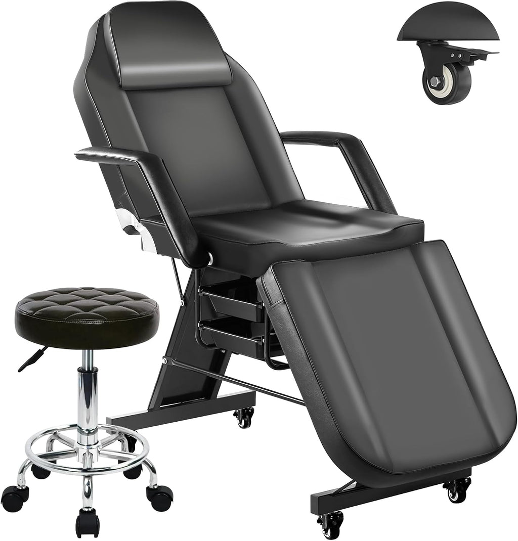 Tattoo Chairs for Client Facial Bed, Black Esthetician Bed with Wheels, Tilting Massage Lash Table for Artist with