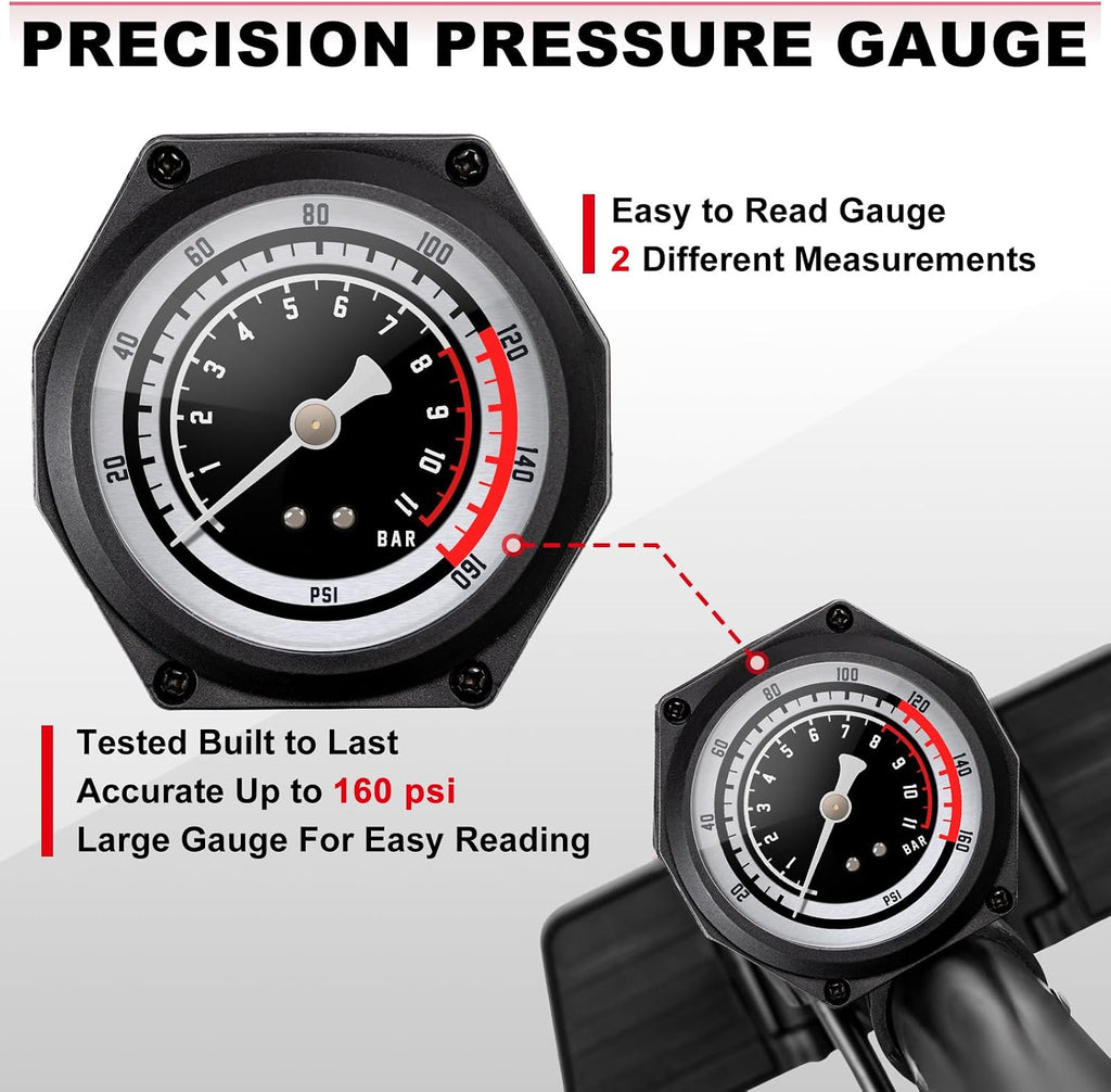 Bike Floor Pump with 160 PSI High Pressure Gauge - Full Size