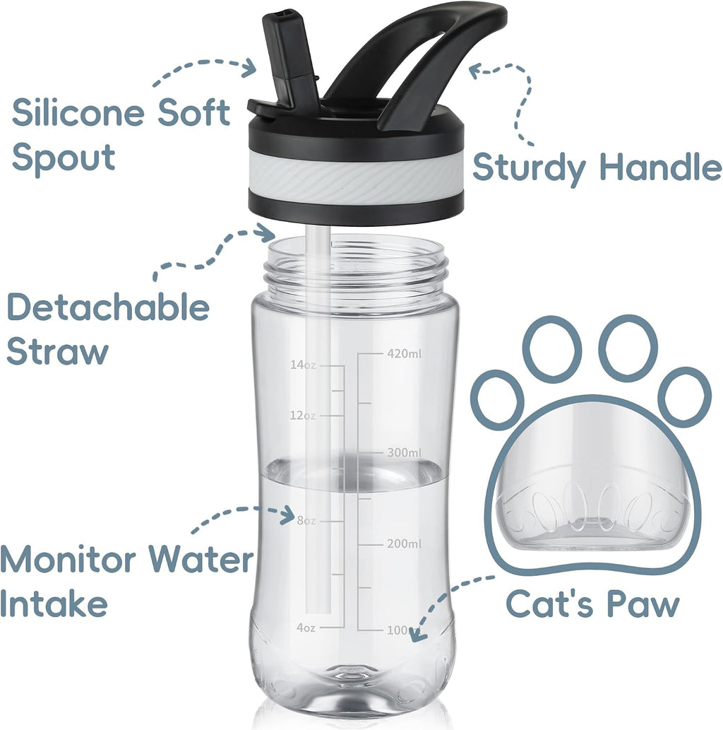 14oz Clear Kids Water Bottle with Straw Lid, BPA-Free Tritan, Measurement Scale, Sturdy Handle Wide Mouth Leak-proof