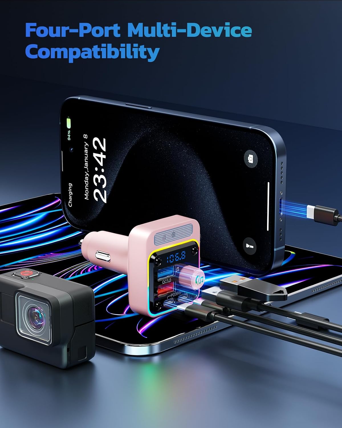 54W Bluetooth 5.3 Car Adapter, FM Transmitter 4-Port Fast Charging | Wireless FM Radio Music Player with Deep Bass, 5
