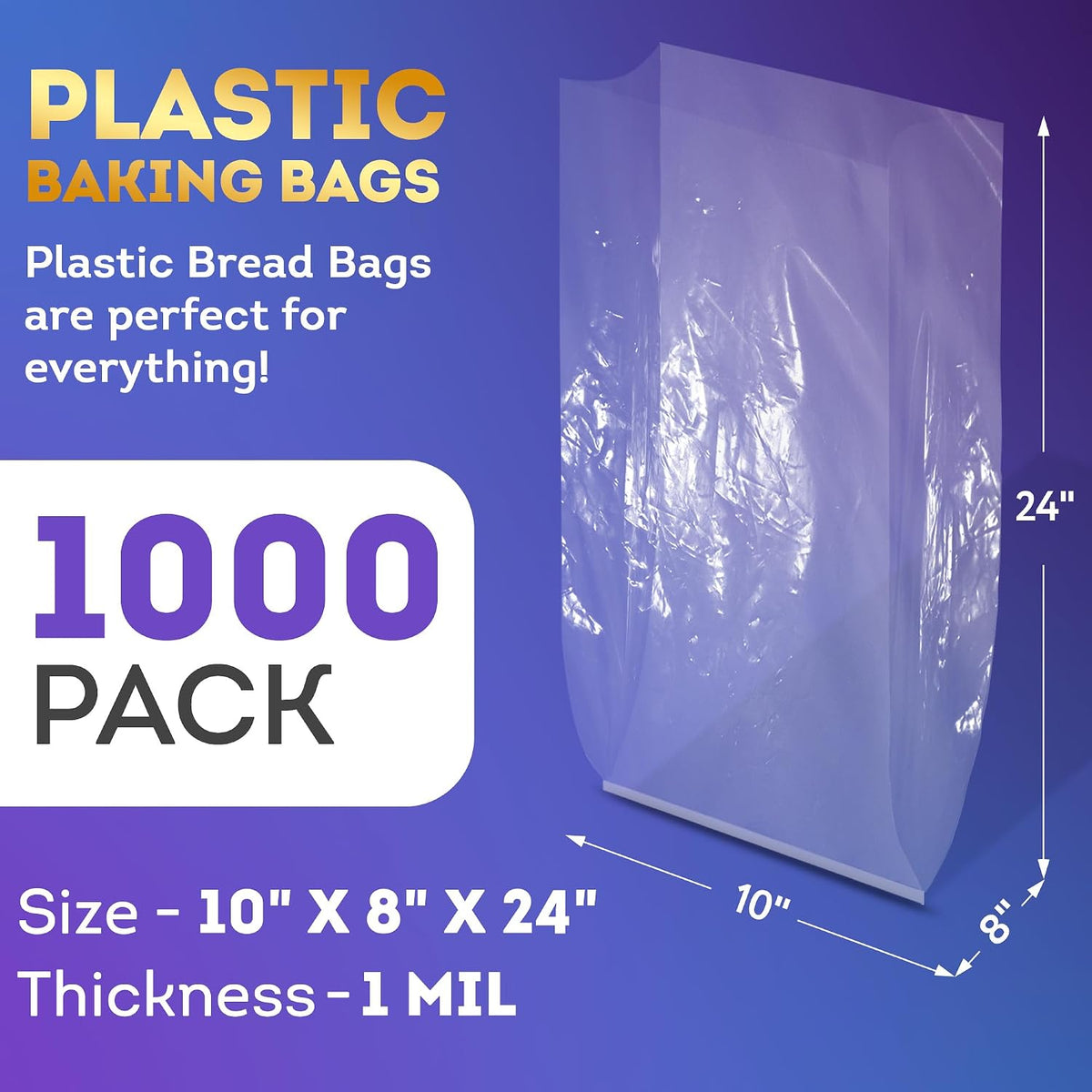 Gusseted Poly Bags, Clear Plastic Bread Bags Open Top, 10 x 8 x 24 Inch, 1 Mil, Pack of 1000