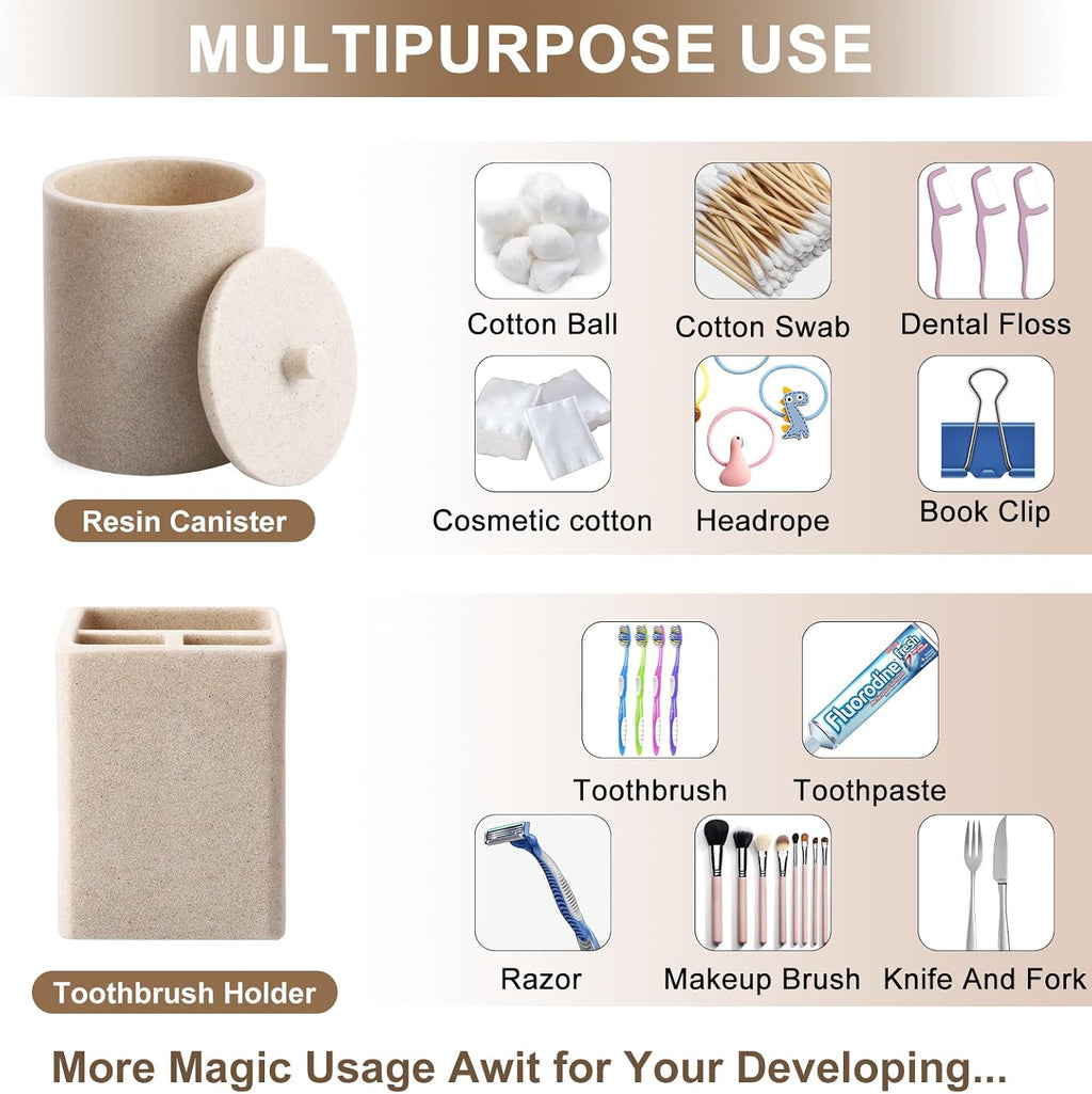 Resin Beige 6 Pcs Bathroom Set Complete with Toothbrush Holder, Lotion Soap Dispenser, 2 Qtip Holder