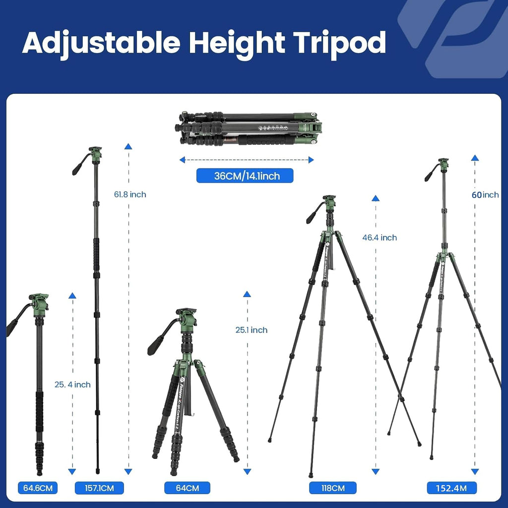 62" Carbon Fiber Travel Tripod, Lightweight Compact Video Tripods with Fluid Head, Detachable Monopod with Arca-Swiss