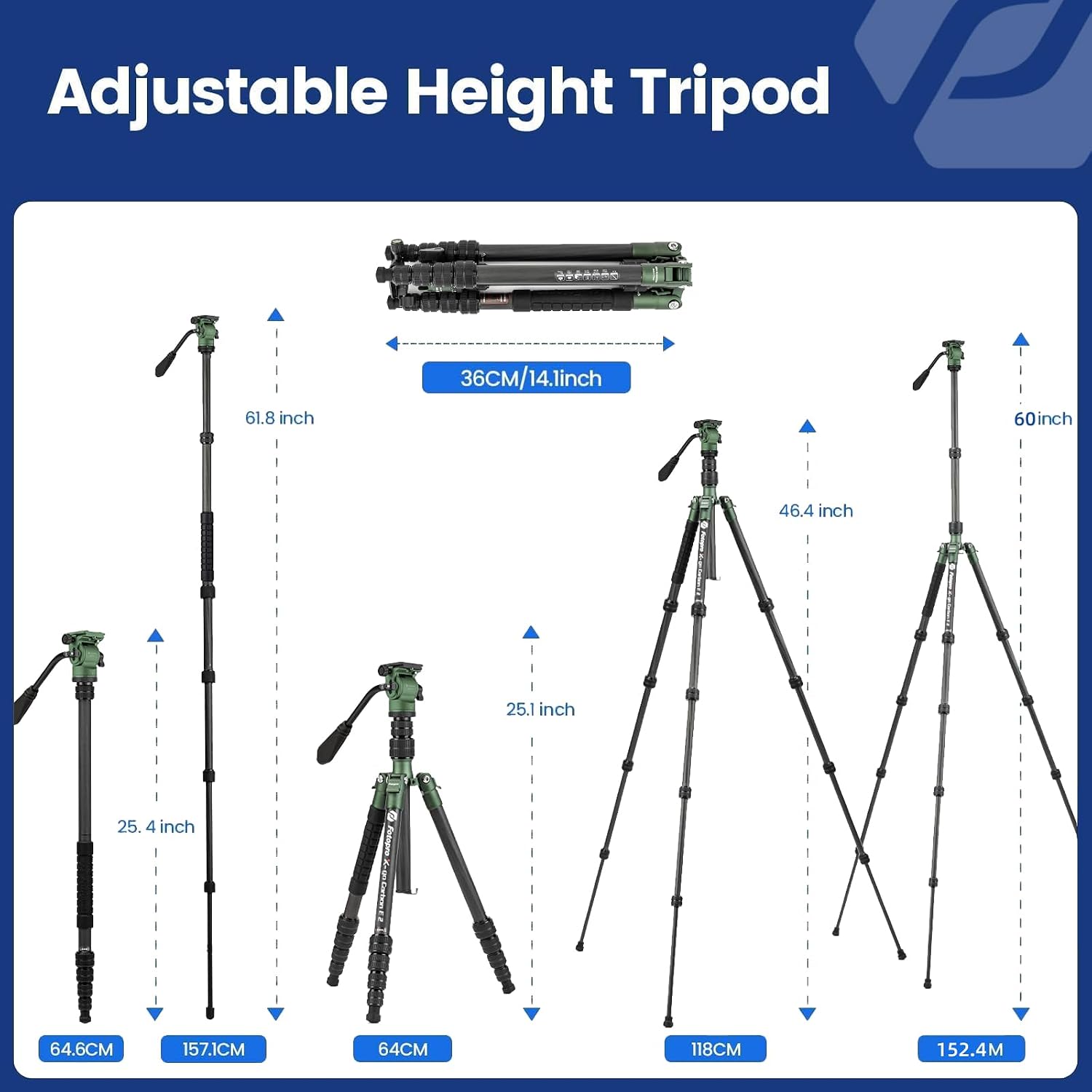 62" Carbon Fiber Travel Tripod, Lightweight Compact Video Tripods with Fluid Head, Detachable Monopod with Arca-Swiss