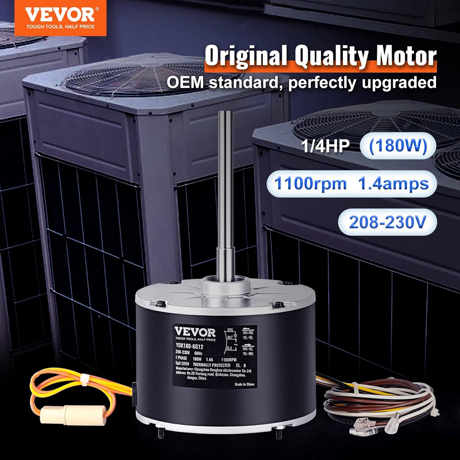 OEM Upgraded Condenser Fan Motor, 1/4 HP 1100RPM, Replacement for ac GE Genteq Carrier Bryant Payne Dayton