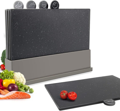 Index Chopping Board Set, 4-Pieces Plastic Cutting Boards with Food Icons and Storage Stand, BPA Free, Dishwasher