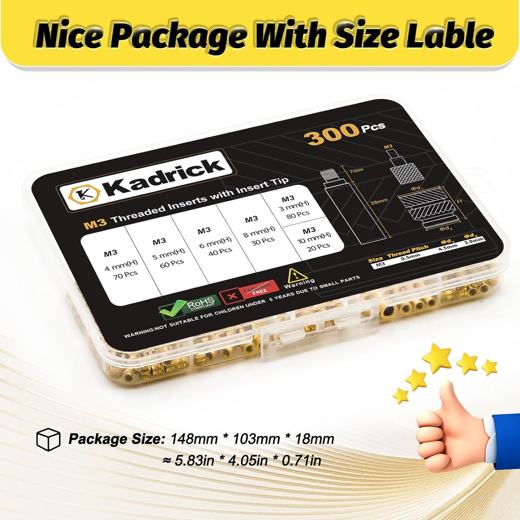 KADRICK 300PCS M3 Heat Set Inserts Kit,M3*(3mm-10mm)*4.5mm with Insert Tip
