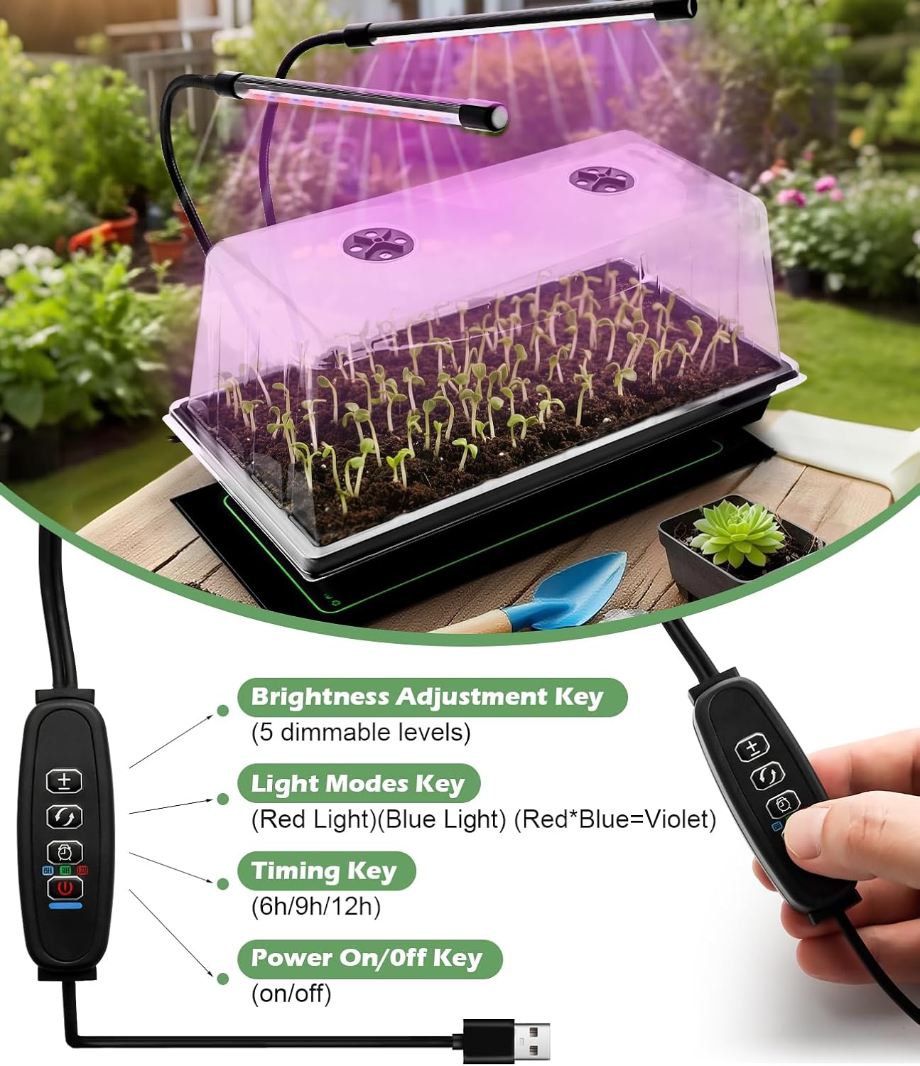2-Pack 1020 Seed Starter Trays with Heat Mat and Clip-On Grow Light | 7.3" High Dome, Adjustable Gooseneck Light, for