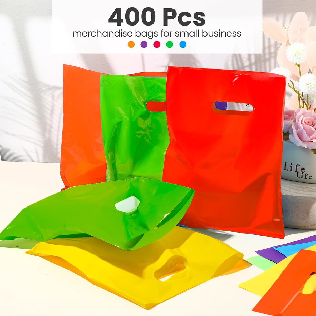400 Pcs Shopping Bags with Handle Bulk 12 x 15 Inch, Bright Color
