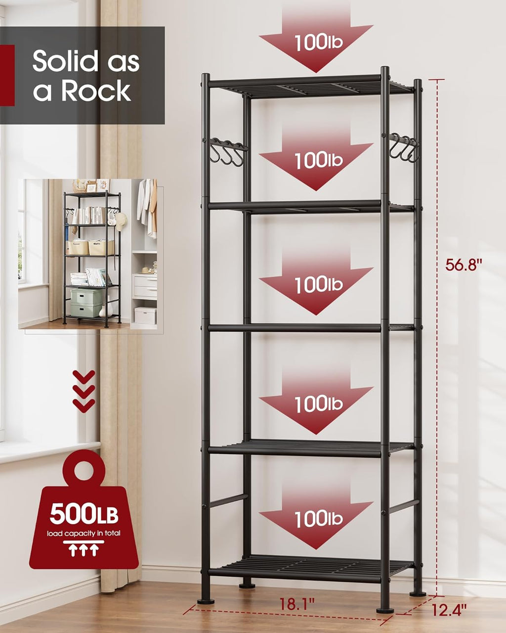 Storage Shelves - 5-Tier Large Capacity Shelf Organizer with Hooks, Heavy-Duty Garage Shelving with Leveling Feet