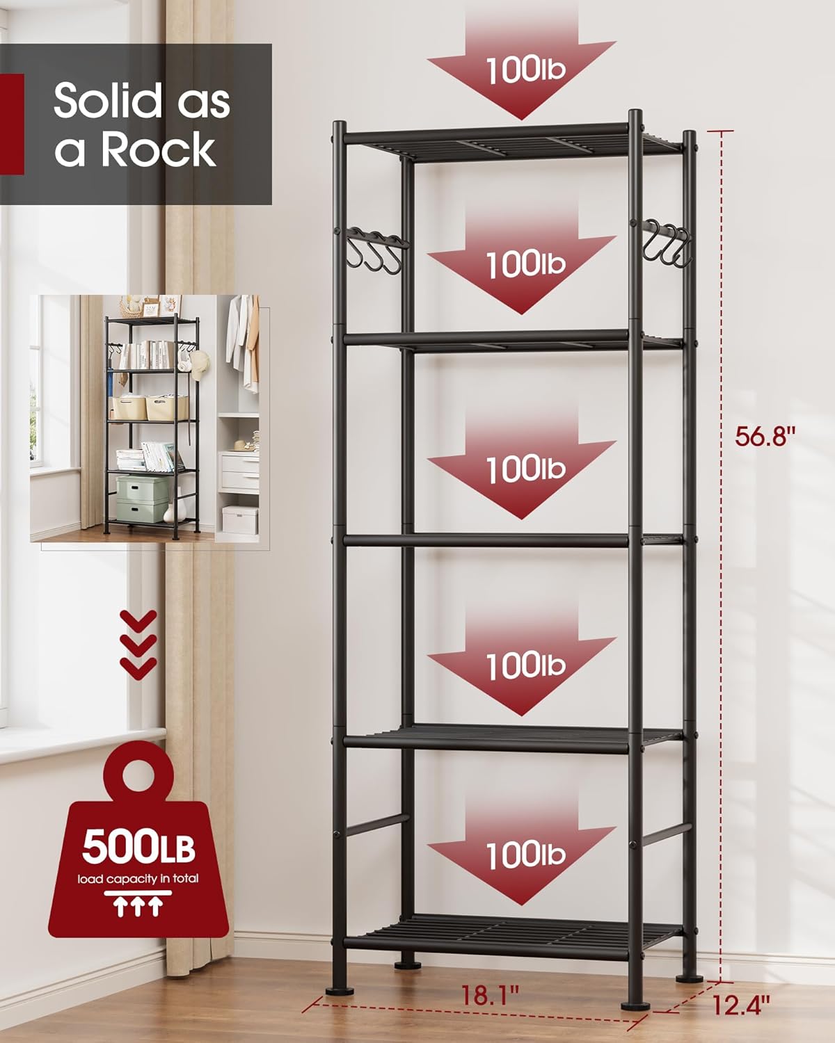 Storage Shelves - 5-Tier Large Capacity Shelf Organizer with Hooks, Heavy-Duty Garage Shelving with Leveling Feet