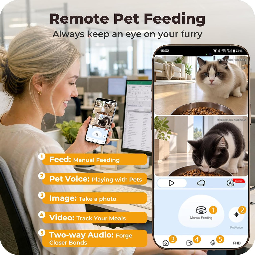 Automatic Cat Feeder 2 Cat with 2 Cameras: Dual Auto Dog Feeder-6L