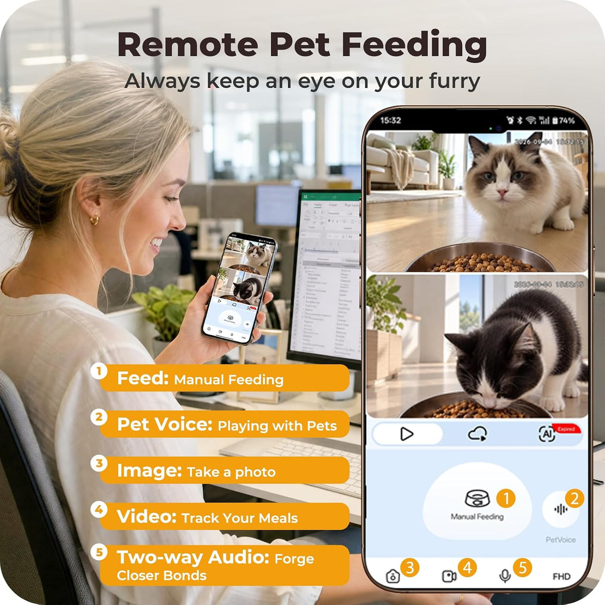 Automatic Cat Feeder 2 Cat with 2 Cameras: Dual Auto Dog Feeder-6L