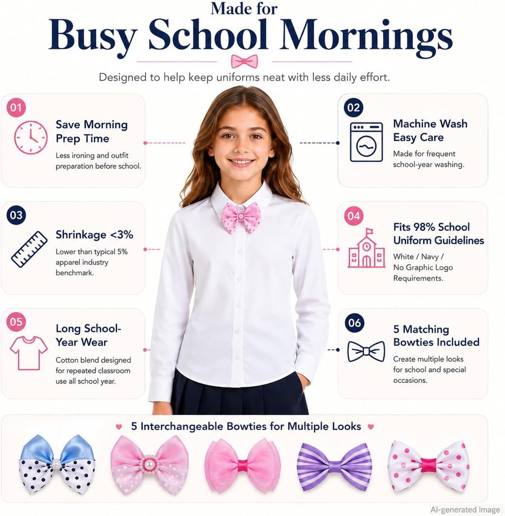 White Wrinkle-Free Girls Shirt: School Uniform Bowtie | Long Sleeve Button Down Dress Blouse, Collared Cotton Oxford