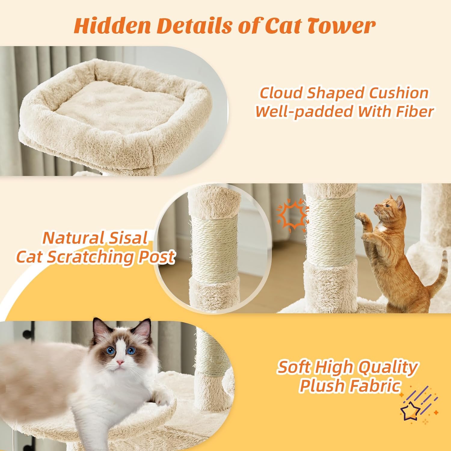 44 Inch Cat Tree Tower, Cat Climbing Tower with Natural Sisal Scratching Posts, Hammock, Pet Condo for Indoor Cats