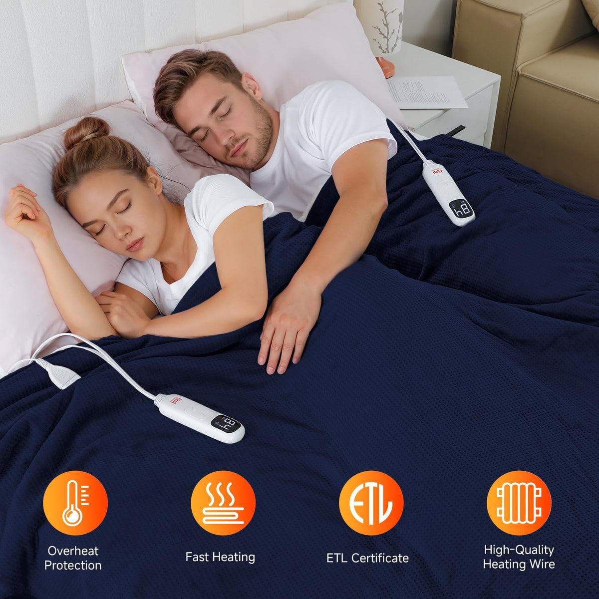 Waffle Fleece Heated Blanket King Size, Dual Control, Navy
