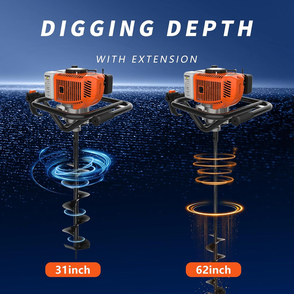 62cc 2-Stroke Auger Post Hole Digger with 2 Extension Rods & 6" & 8" Auger Bits - Gas Powered Earth Auger for