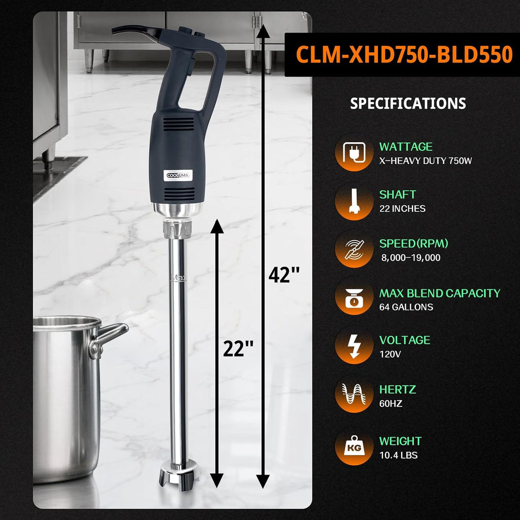 X-Heavy Huty 750W Commercial Immersion Blender, 22 Inch Removable Shaft, 8,000-19,000 RPM Variable Speed, 64 Gallons