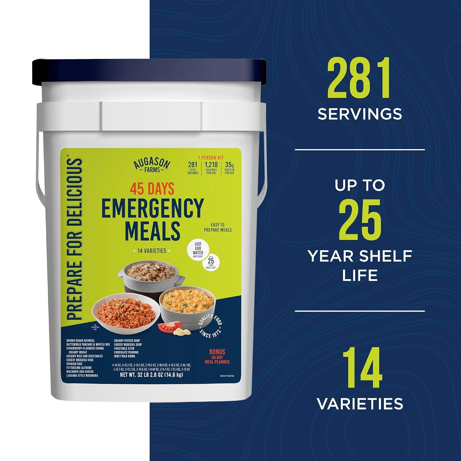 45 Day Emergency Food Supply Kit | Dehydrated Meal Survival Food Bucket for 1 Person, 281 Servings