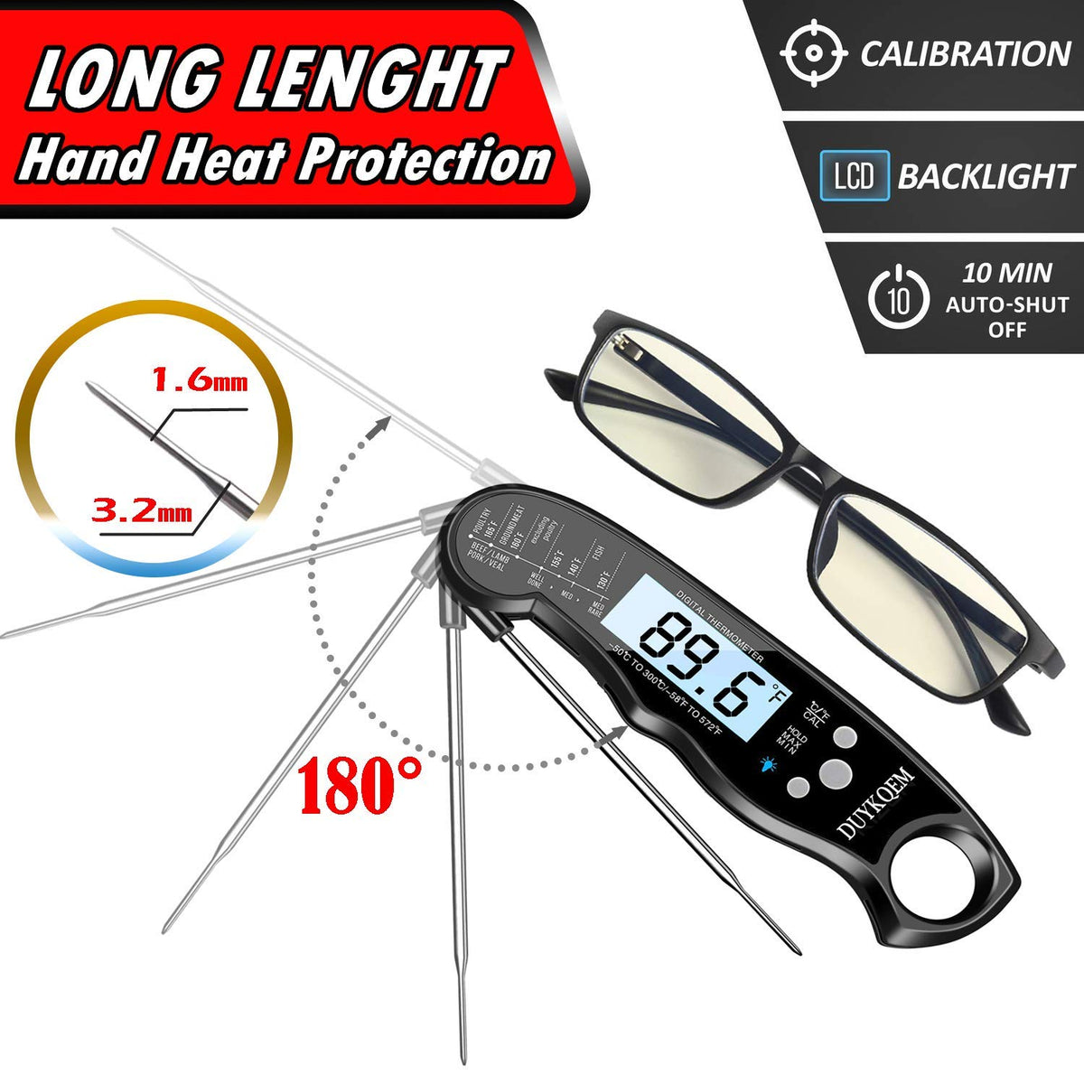 Instant Read Digital Meat Thermometer (2 Pack) Waterproof Kitchen Cooking Food Thermometer with Probe Backlight &