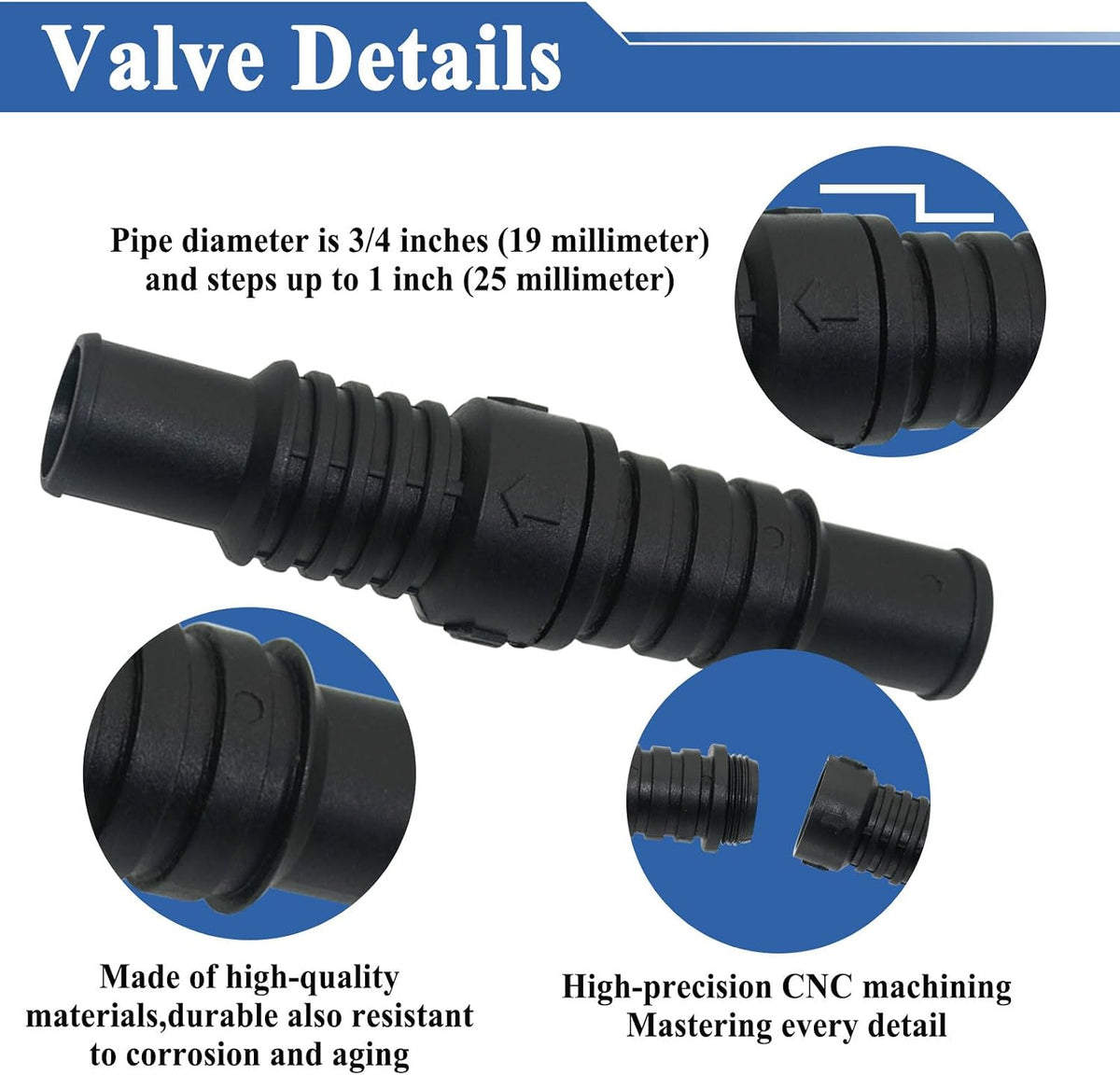 3 Pcs LV1219 Black Check Valve, 3/4" & 1", Prevents Water Backflow