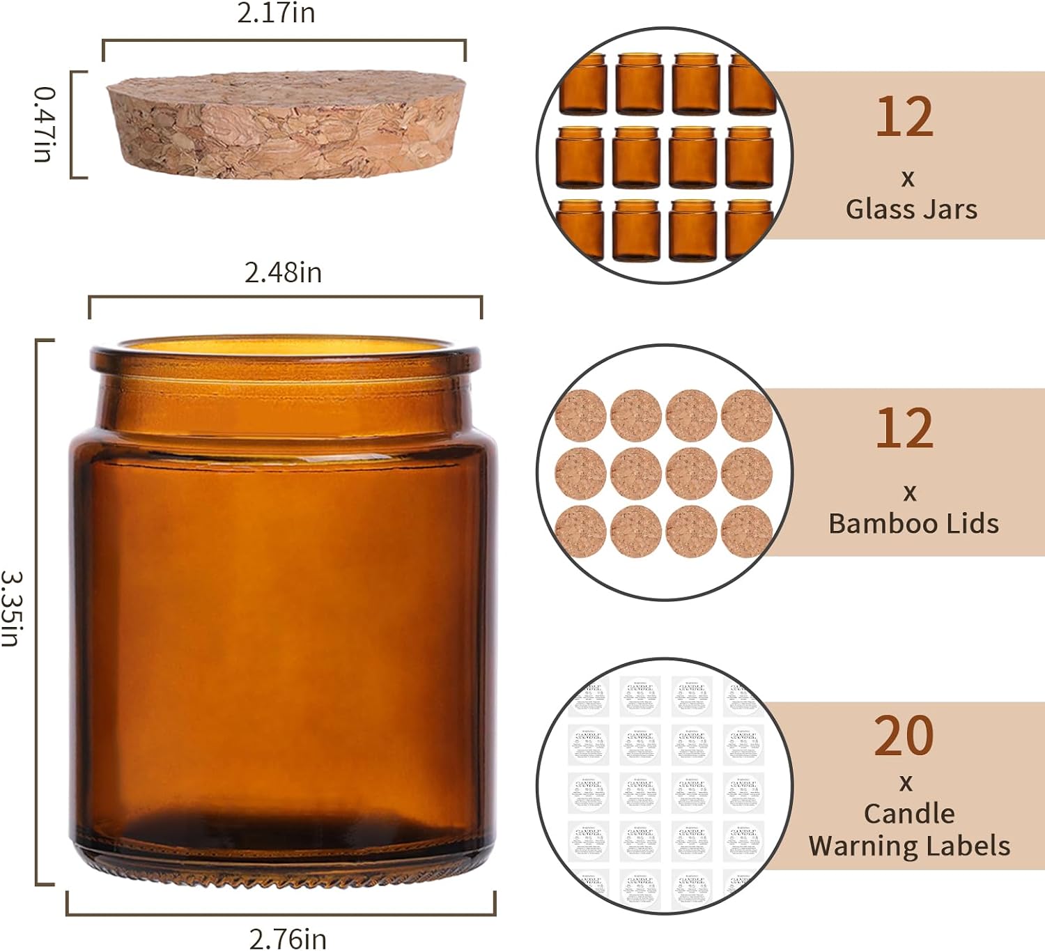 12Pcs Amber Candle Jars for Making Candles, 7.5oz Glass Jars for DIY | Wooden Lids and Labels, Candle Making Supplies