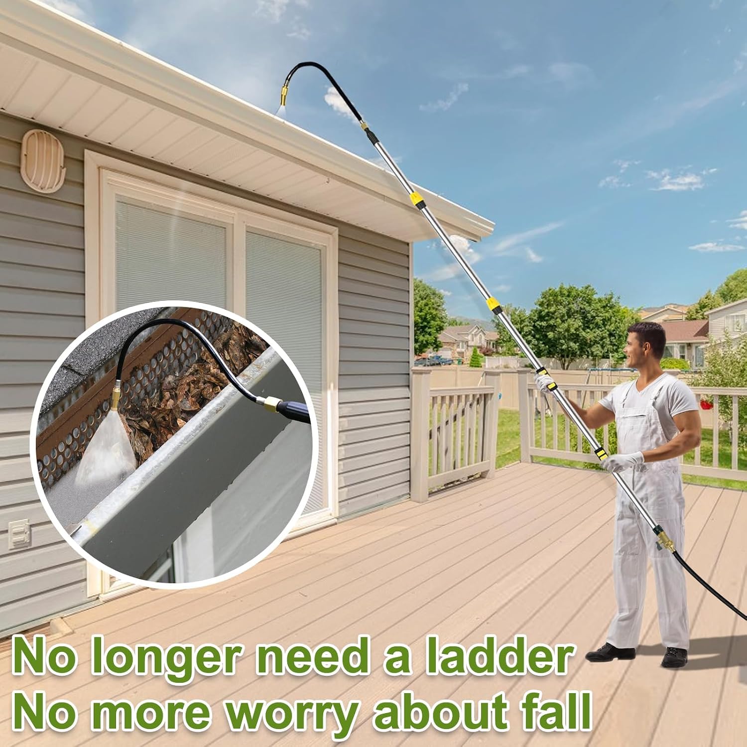 18FT Reach Telescopic Gutter Cleaning Tools from the Ground, Long Reach Gutter Cleaner Wand with Hose Attachment