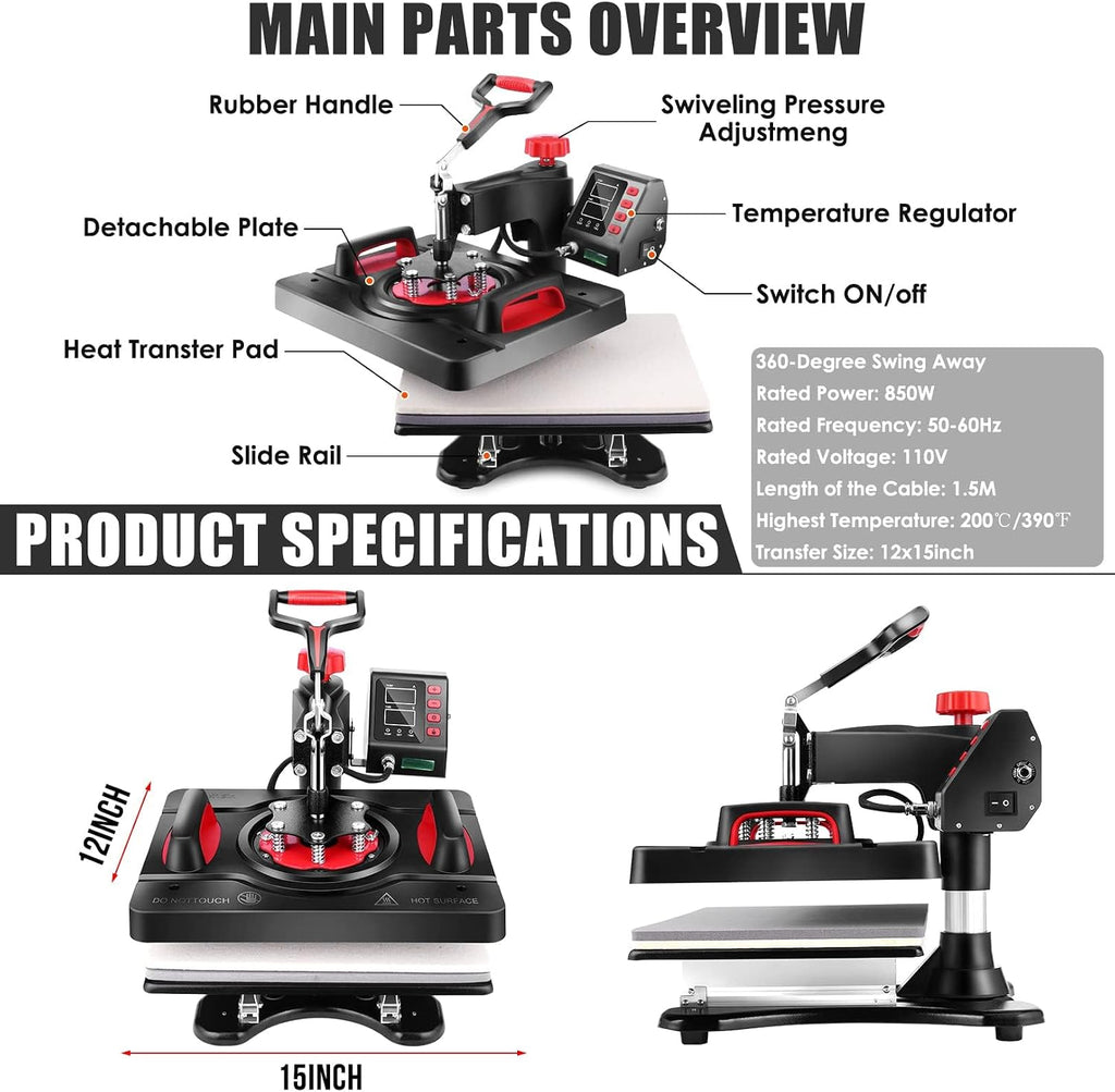 Upgraded 8 in 1 Heat Press Machine 12x15 Inch Heat Transfer Machine w/Tumbler Press 360-Degree Swing Away