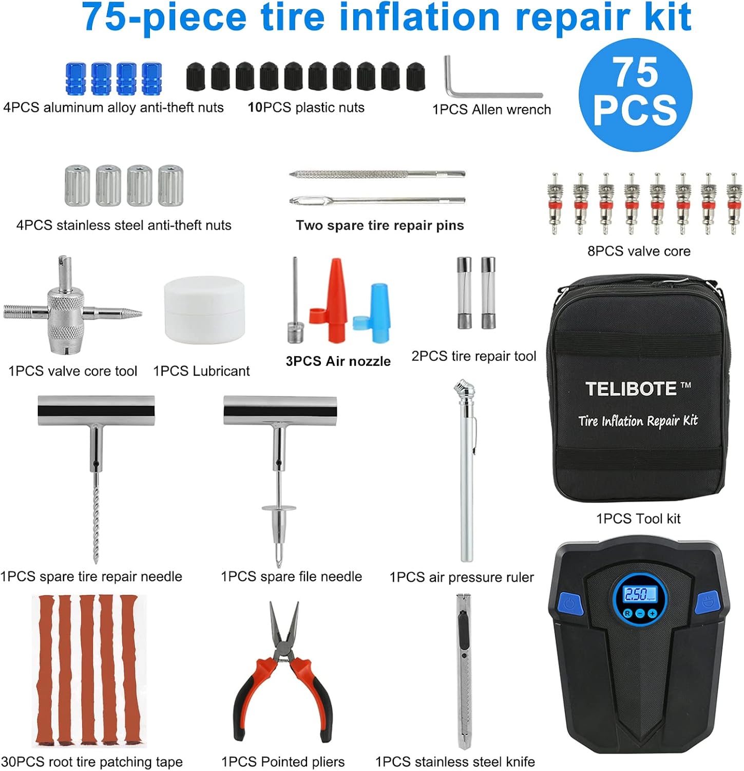 Tire Repair Kit, Tire Inflator Portable Air Compressor, Heavy Duty Flat Tire Repair Kit With 12V Air Pump For SVU