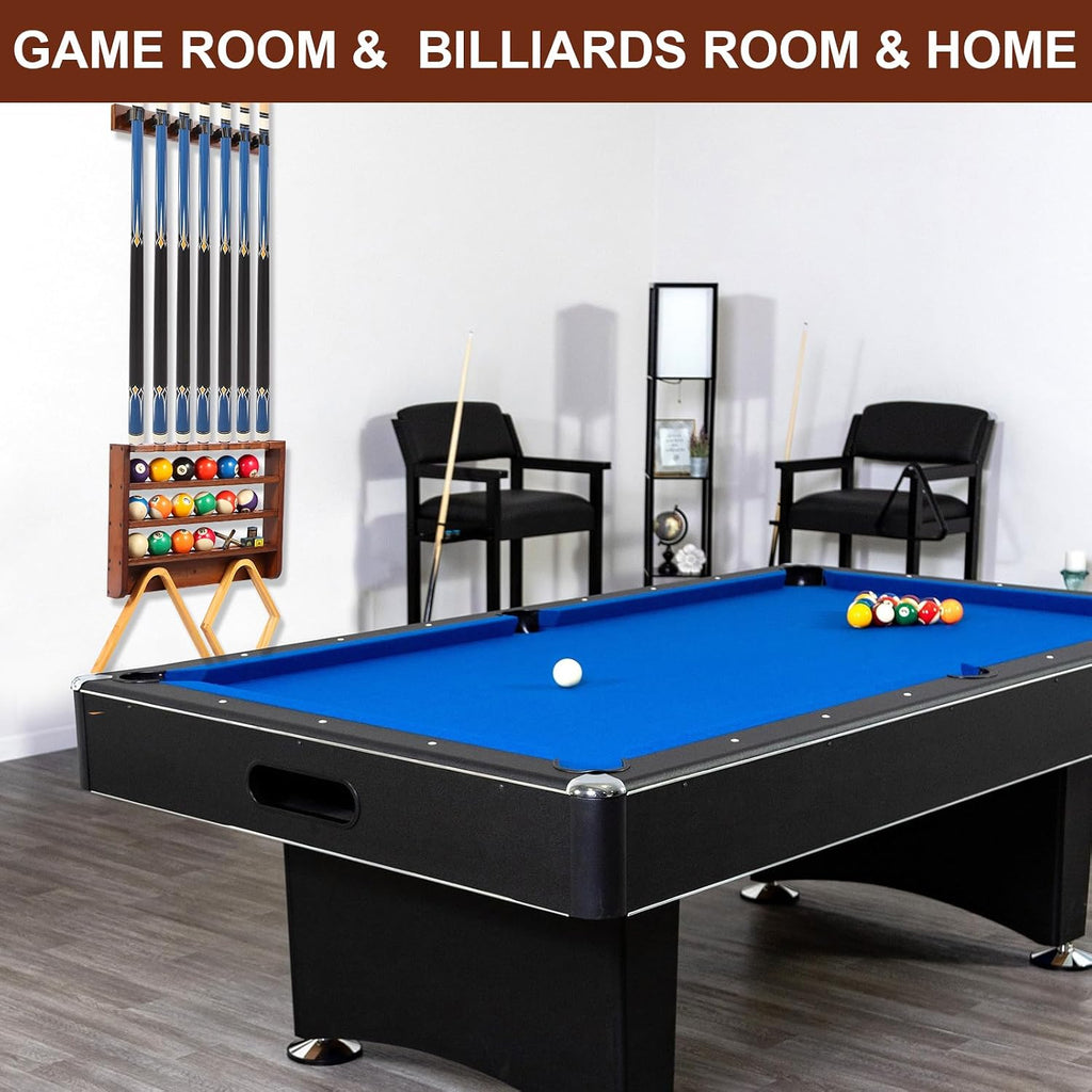Pool Stick Holder - 7 Pool Cue Rack Wall Mount With Cue Rest and Ball holder, Wooden Pool Table Accessories Equipment