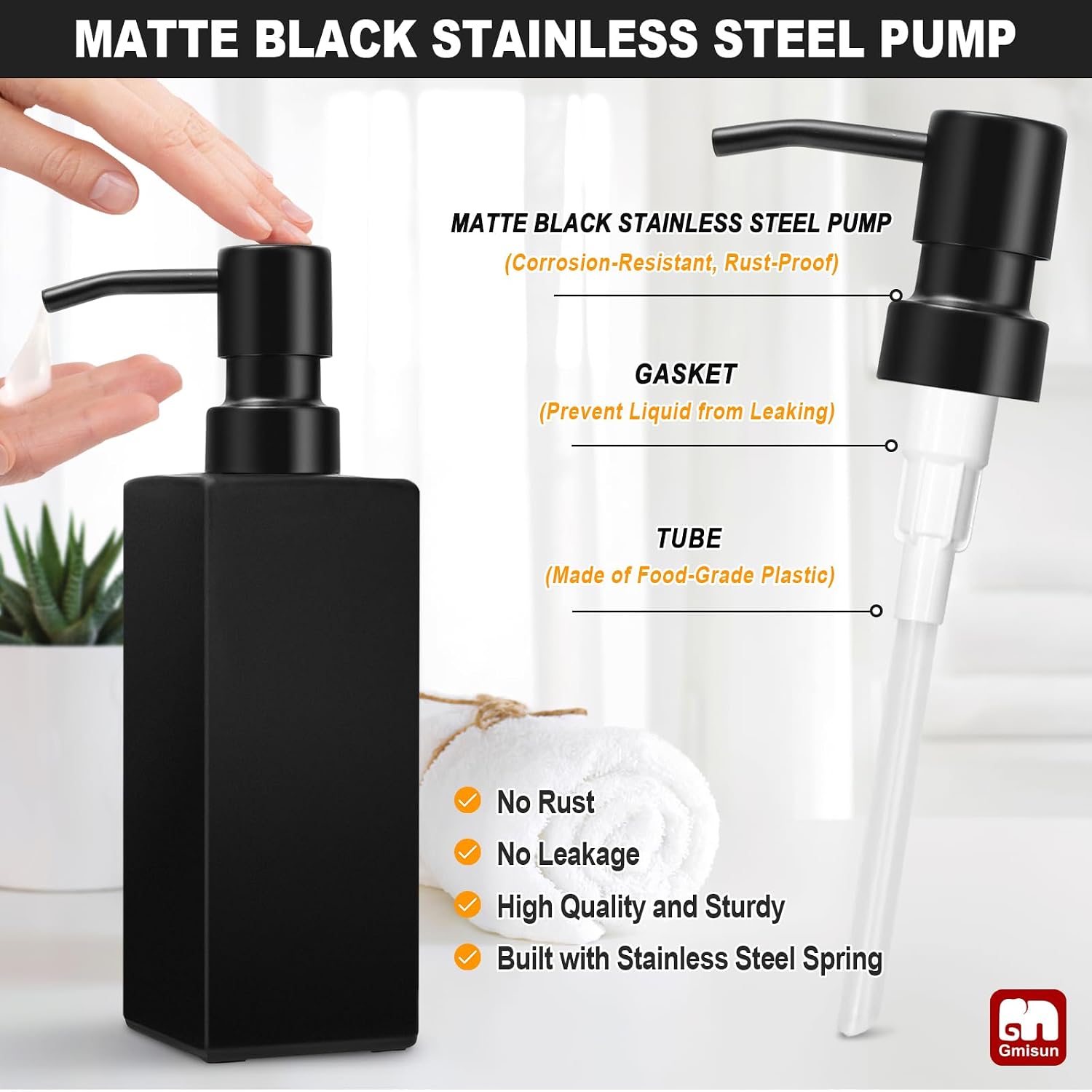 Black Soap Dispenser, Hand Soap Dispenser Bathroom, 12oz Glass Soap Dispenser with Stainless Steel Pump, Liquid Dish