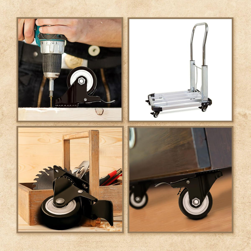 Swivel Caster Wheels Rubber Base with Top Plate & Bearing Heavy Duty with Total Lock Brake Pack of 4 Black by Online