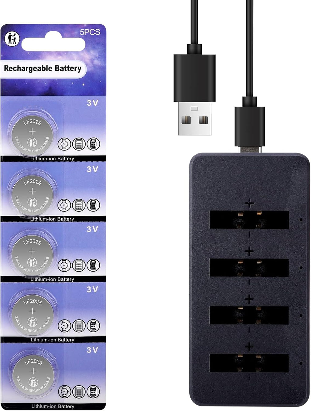 LF2025 Rechargeable Battery with Charger 3V Replacement CR2032 Batteries(5PCS)