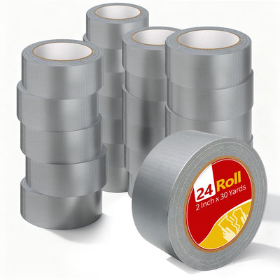24 Pack Duct Tape, 2 Inch X 720 Yards Heavy Duty Waterproof Silver Duct Tape Bulk, Strong, Easy Tear, No Residue for