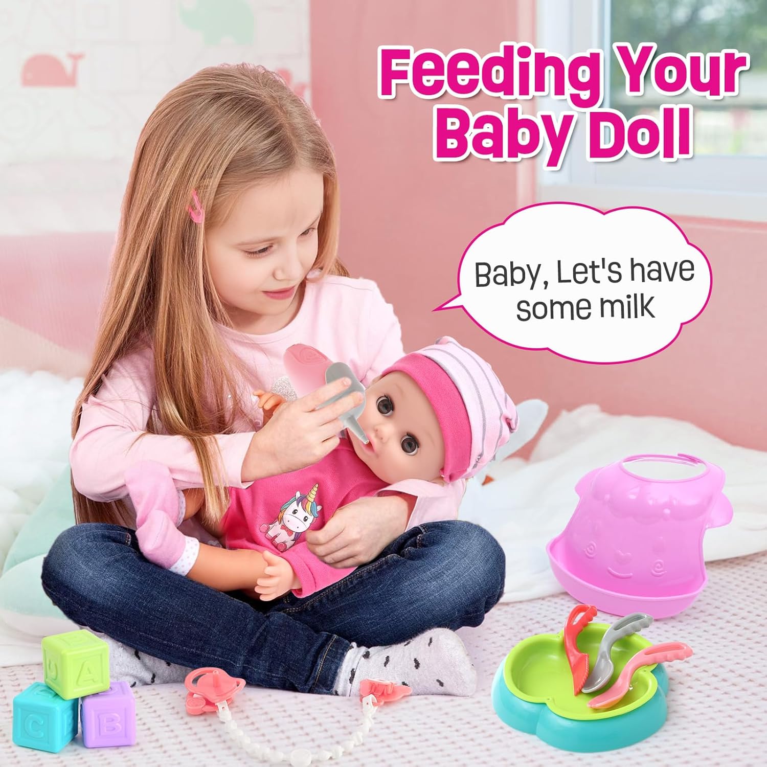 Baby Doll Accessories Playset, Baby Doll Care Toys with Changing Bag Backpack Feeding Set Doll Nappies Bottle Bath