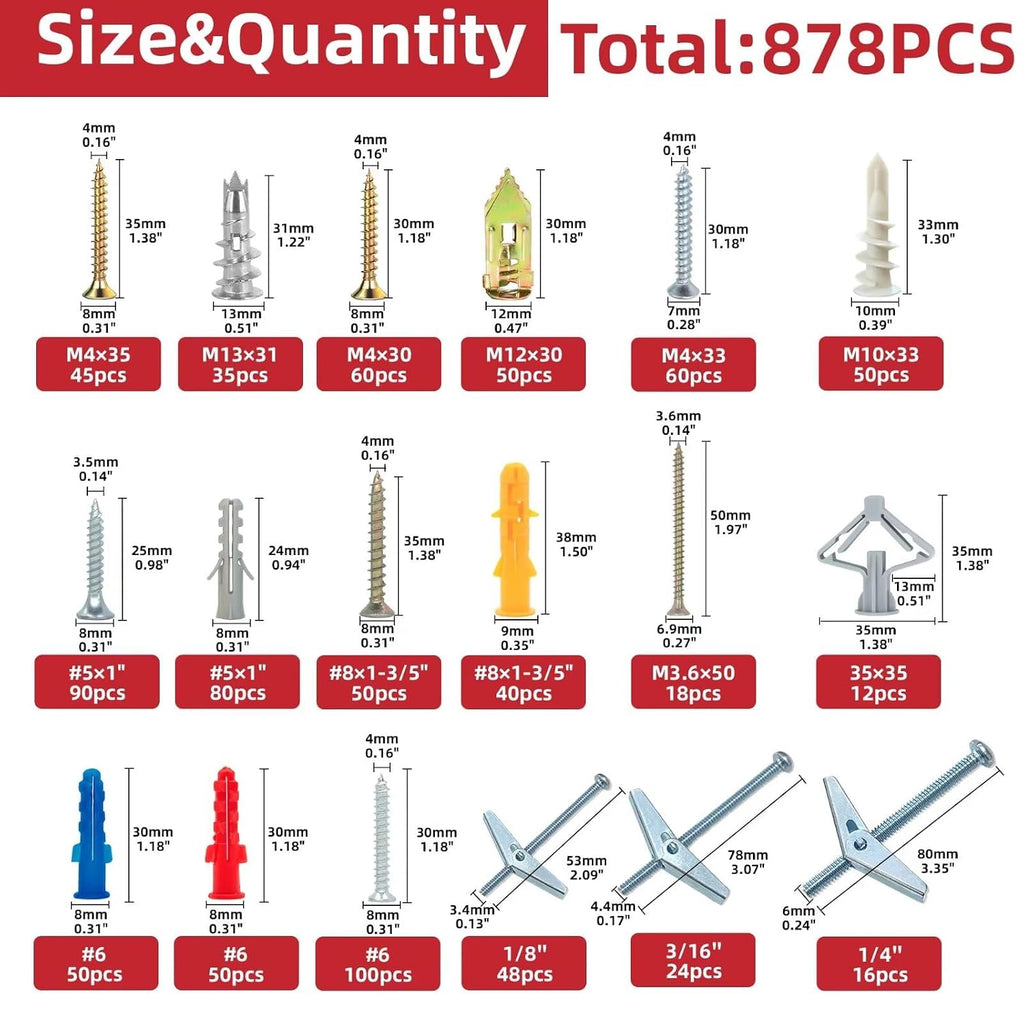 878-Piece Value Combo Set Plastic Drywall Anchor kit with Screws and Wing Nut Kit for Hanging Heavy Items on Drywall