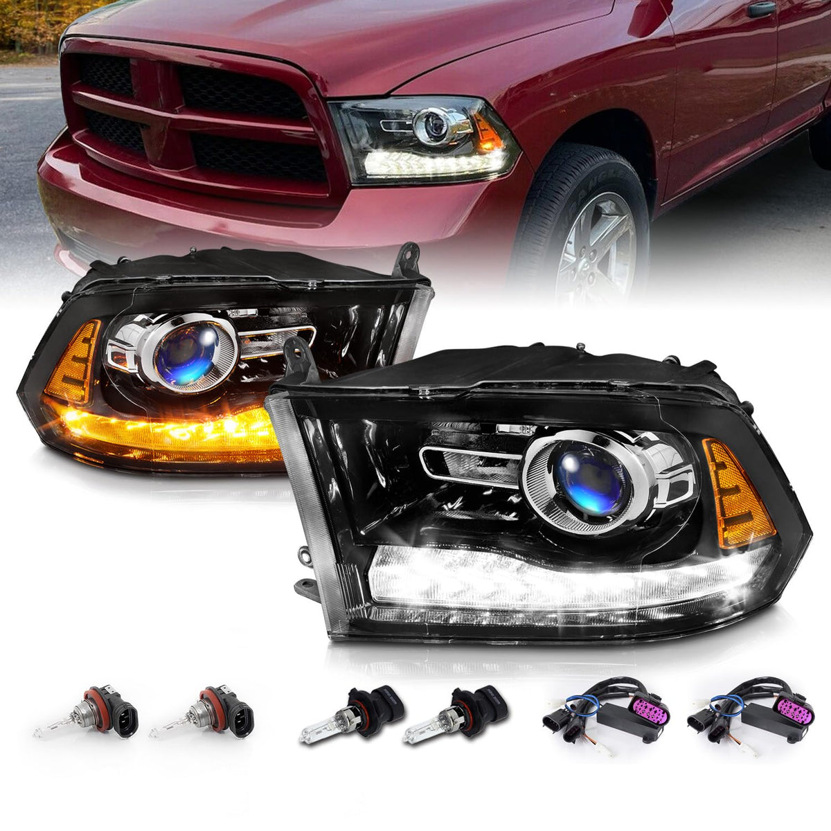 for 2009-2018 Dodge Ram 1500 2500 3500 BOTH Models Switchback LED Polished Black Replacement Projector Headlight