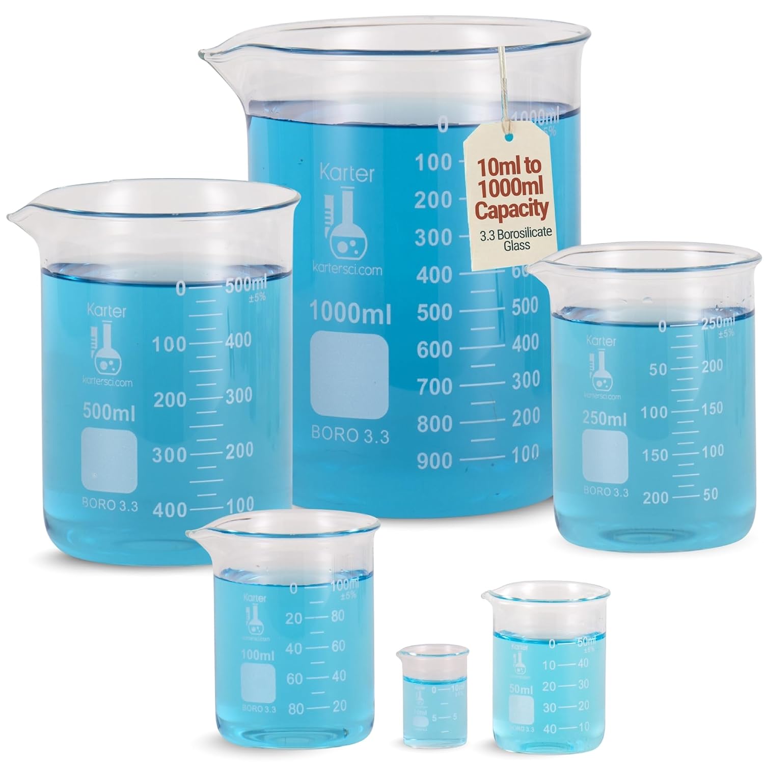 3.3 Boro, Griffin Low Form, Glass Beaker Set - 6 Sizes - 10ml, 50ml, 100ml, 250ml, 500ml, 1000ml