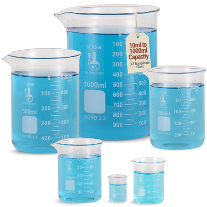 3.3 Boro, Griffin Low Form, Glass Beaker Set - 6 Sizes - 10ml, 50ml, 100ml, 250ml, 500ml, 1000ml