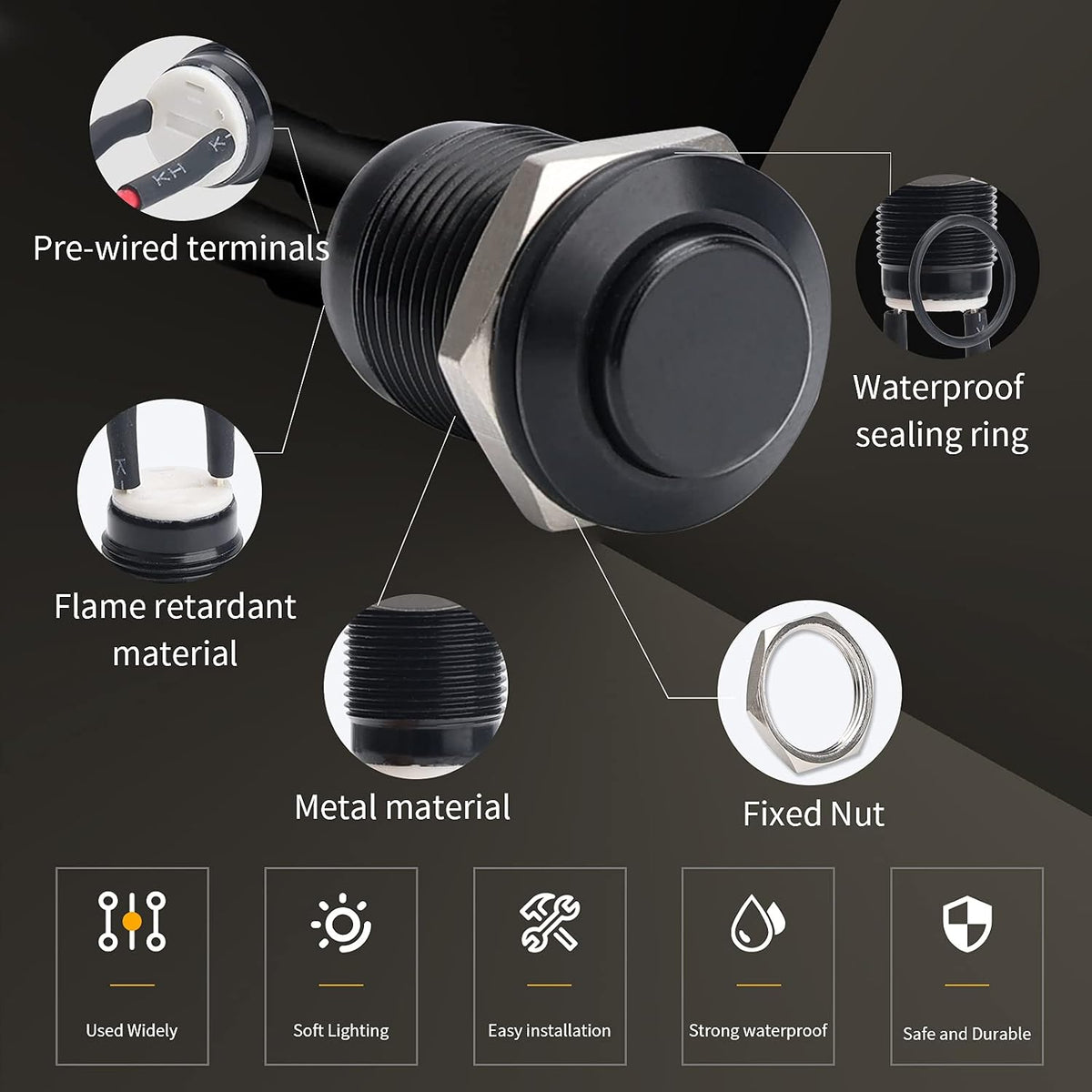 STARELO 5pcs 12mm Momentary Push Button Switch Black Shell with pre-Wiring, IP65 Waterproof Push Button Switch,Aluminum Alloy 1 Normally Open Without LED.