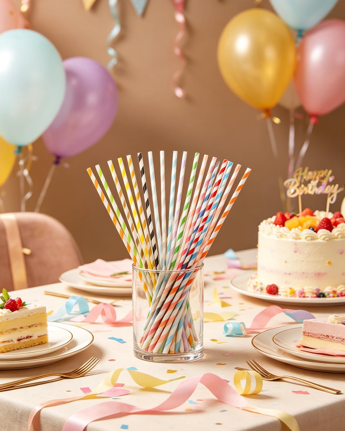 200-pack Multi Stripe Rainbow Drinking Paper Straws Disposable Straws Bulk (20-Multi Color)