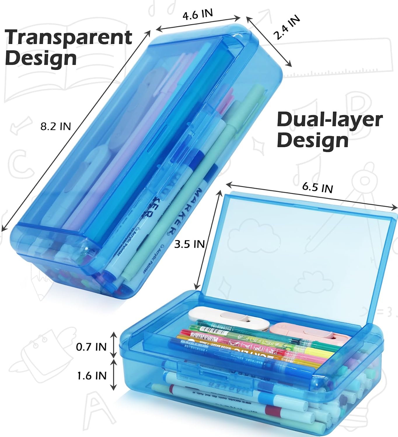 Double Layer Plastic Clear Hard Colored Pencil Box Case Pen Crayon Box | Cute Color Hard Clear Pen Case with