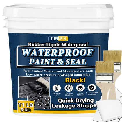 Rubber Liquid Waterproof Sealant, TUFINEIN 11 LB/5 KG Black Quick Drying Multi Surface Foundation Leak Repair - Roof