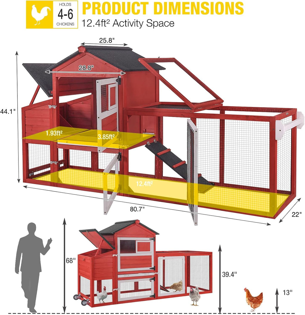 Large Chicken Coop with Wheels, Outdoor Hen House Mobile Poultry Cage with Run, Weatherproof Asphalt Roof