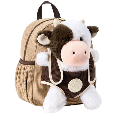 Kids Toddler Backpack with Detachable Dairy Cow Plush, Soft Corduroy Cute Preschool Backpack for Girls, Lightweight
